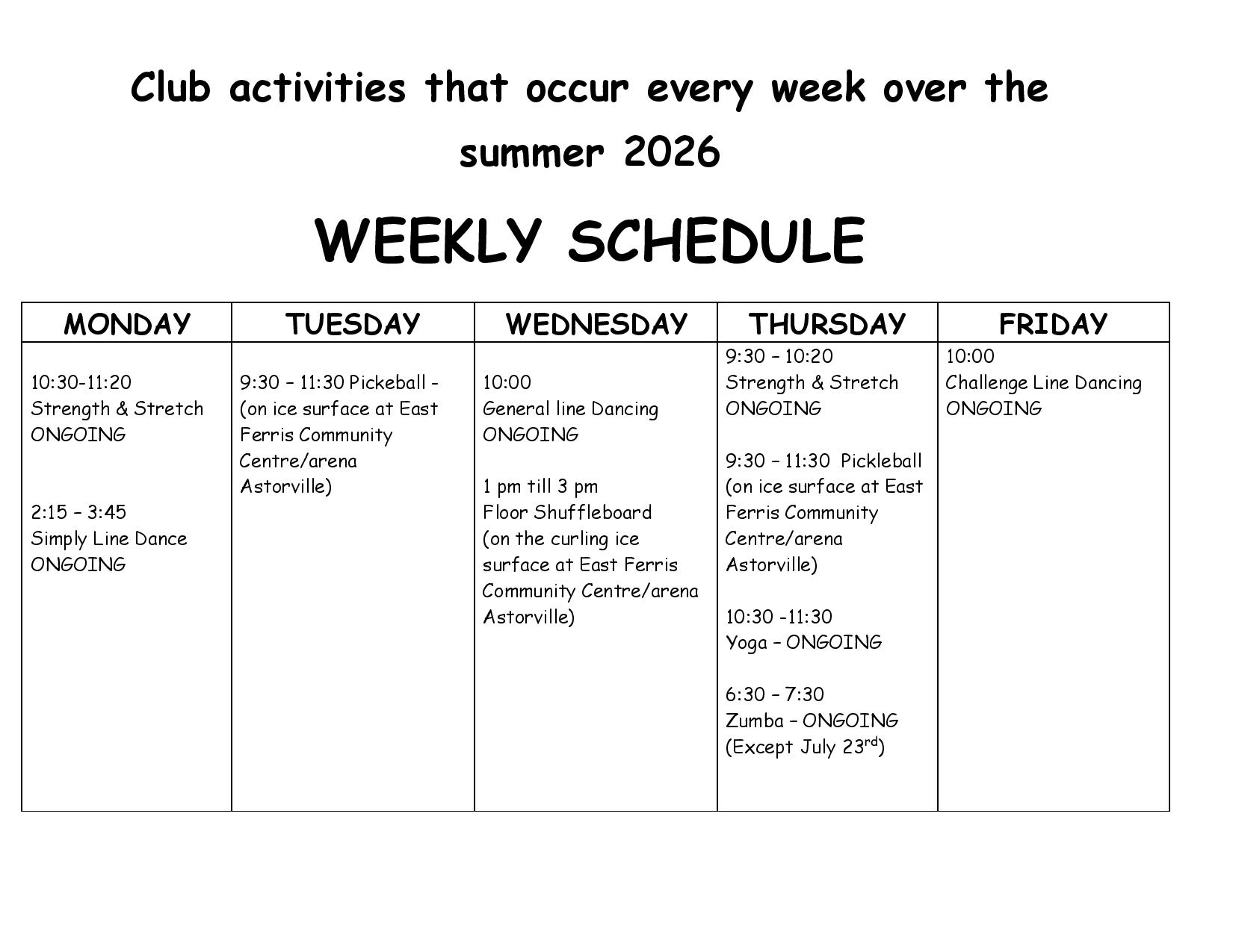 ACTIVITIES THAT OCCUR WEEKLY